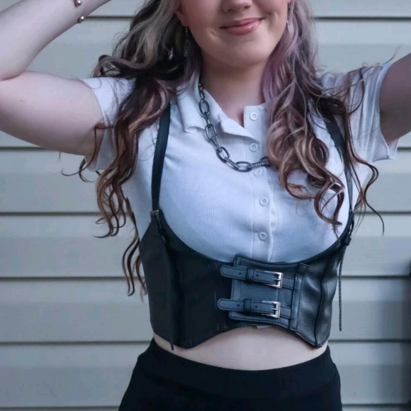 Womens Corset black vegan leather harness buckle suspenders steampunk waist belt - Picture 13 of 17